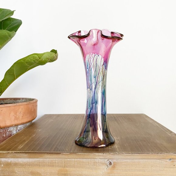 Rueven Art Vintage Rueven Tall Clear Vase Hand Painted Colorful